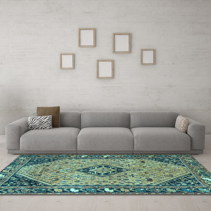 Machine Washable Medallion Light Blue Traditional Rug in a Living Room, wshtr4708lblu