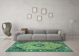 Machine Washable Medallion Turquoise Traditional Area Rugs in a Living Room,, wshtr4708turq