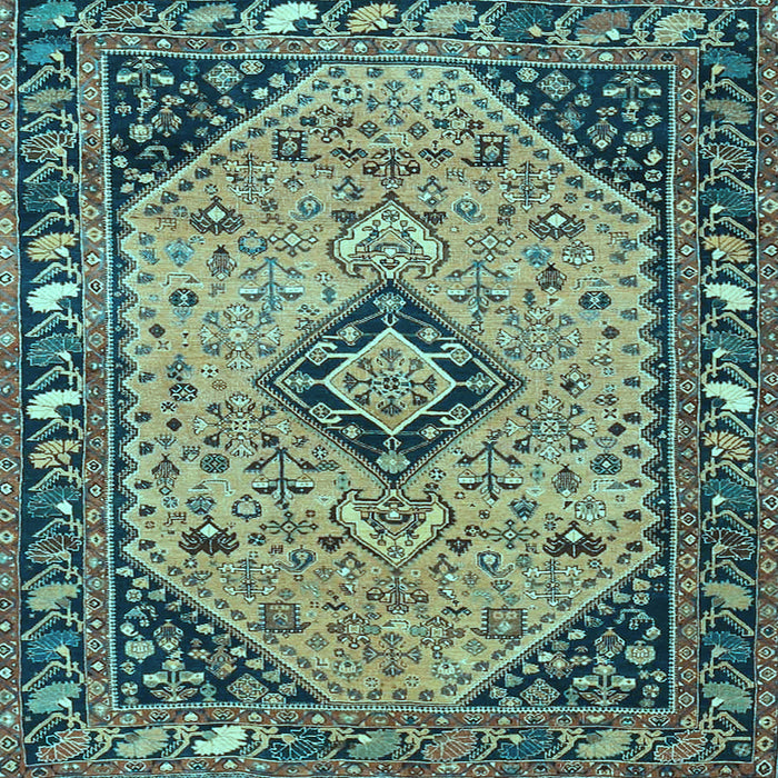 Square Machine Washable Medallion Light Blue Traditional Rug, wshtr4708lblu