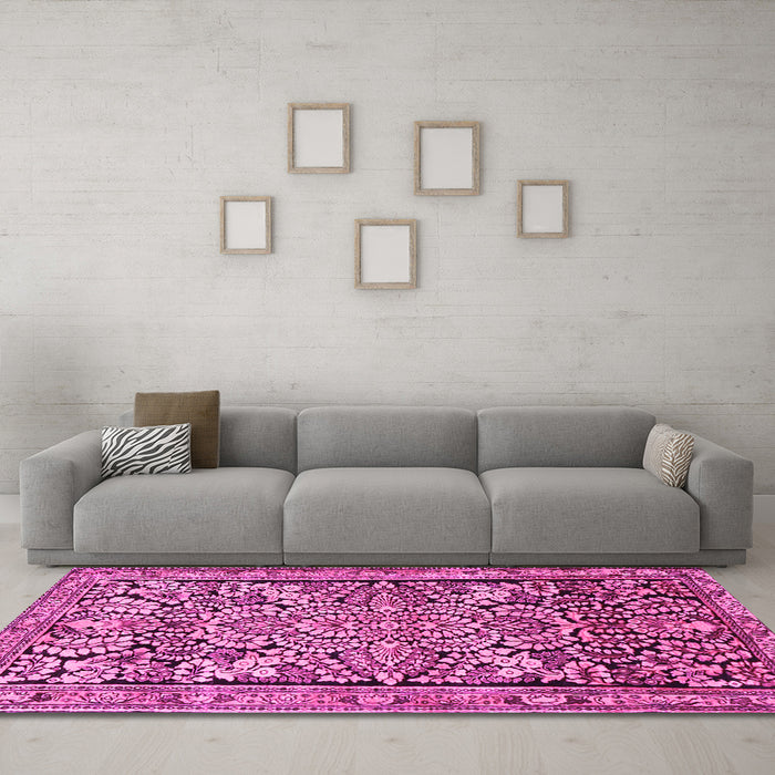 Machine Washable Persian Pink Traditional Rug in a Living Room, wshtr4709pnk
