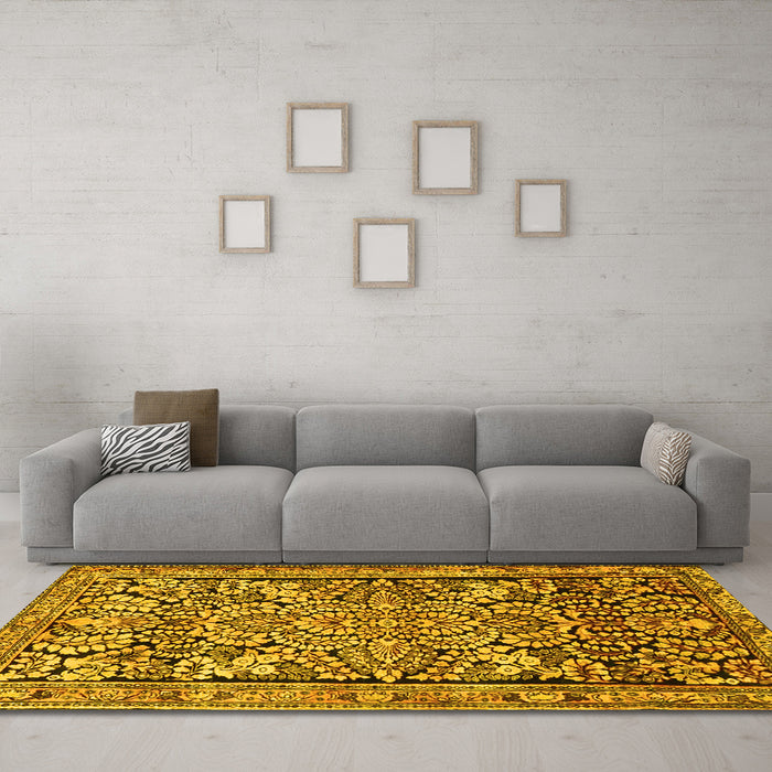 Machine Washable Persian Yellow Traditional Rug in a Living Room, wshtr4709yw