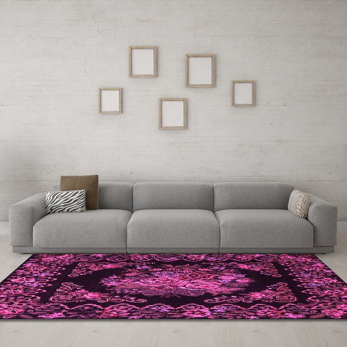 Machine Washable Medallion Pink French Rug in a Living Room, wshtr470pnk