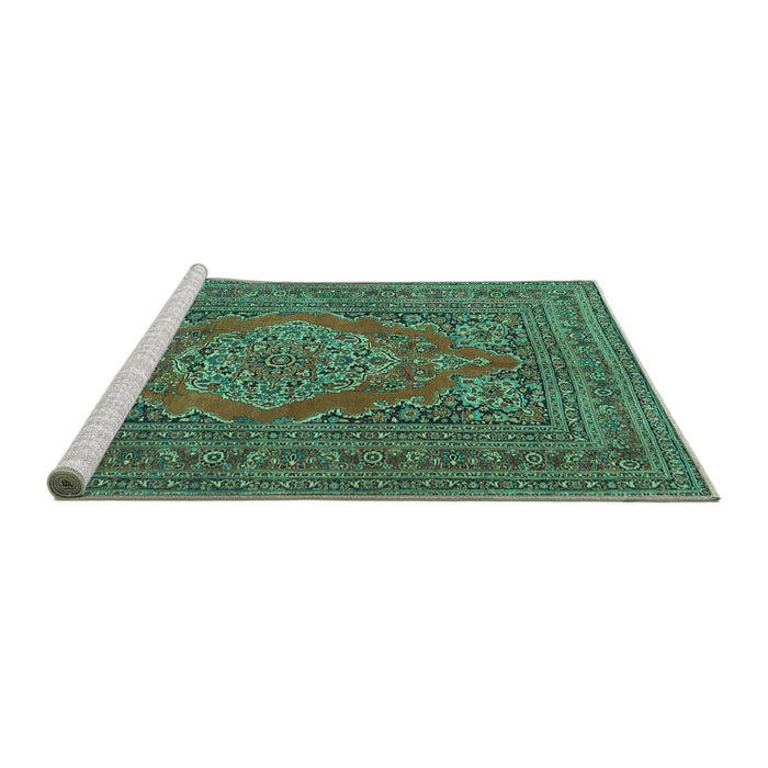 Sideview of Machine Washable Medallion Turquoise Traditional Area Rugs, wshtr4710turq