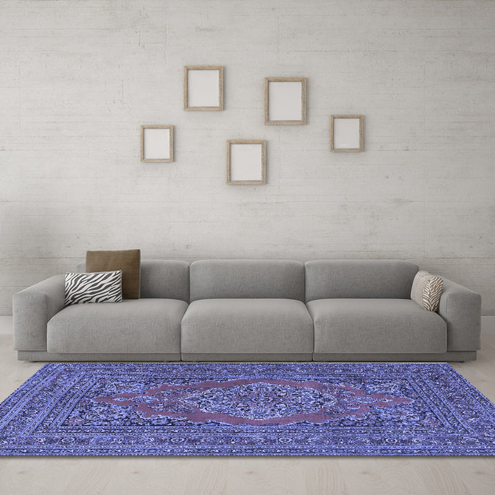 Machine Washable Medallion Blue Traditional Rug in a Living Room, wshtr4710blu