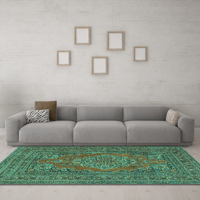Machine Washable Medallion Turquoise Traditional Area Rugs in a Living Room,, wshtr4710turq