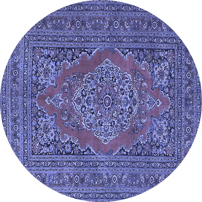 Round Machine Washable Medallion Blue Traditional Rug, wshtr4710blu