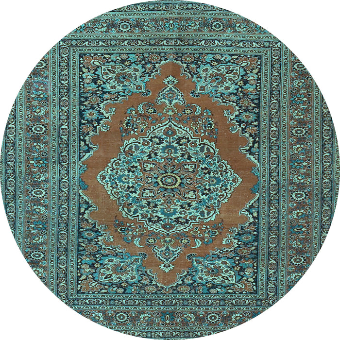Round Machine Washable Medallion Light Blue Traditional Rug, wshtr4710lblu