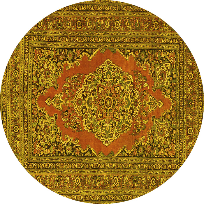 Round Machine Washable Medallion Yellow Traditional Rug, wshtr4710yw