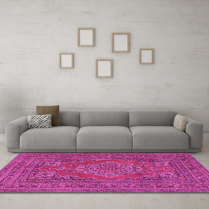 Machine Washable Medallion Pink Traditional Rug in a Living Room, wshtr4710pnk