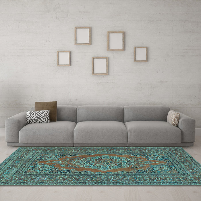 Machine Washable Medallion Light Blue Traditional Rug in a Living Room, wshtr4710lblu