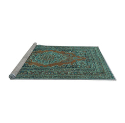Sideview of Machine Washable Medallion Light Blue Traditional Rug, wshtr4710lblu