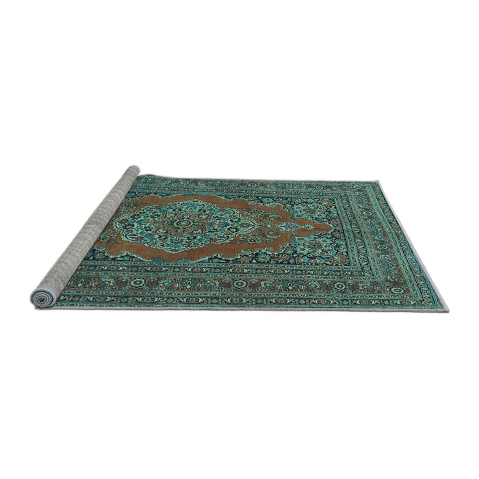 Sideview of Machine Washable Medallion Light Blue Traditional Rug, wshtr4710lblu