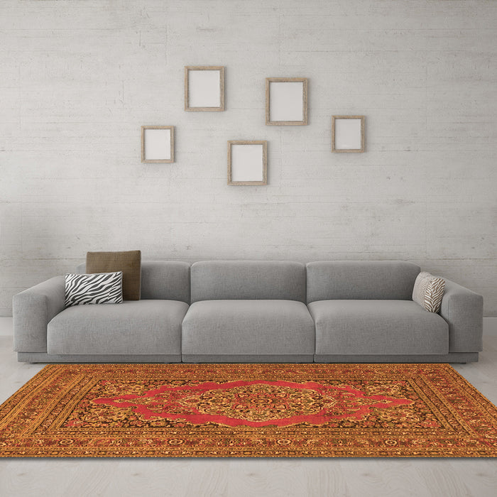 Machine Washable Medallion Orange Traditional Area Rugs in a Living Room, wshtr4710org