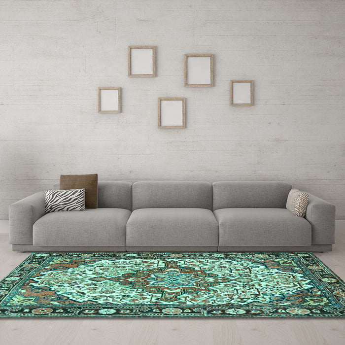 Machine Washable Medallion Turquoise Traditional Area Rugs in a Living Room,, wshtr4711turq