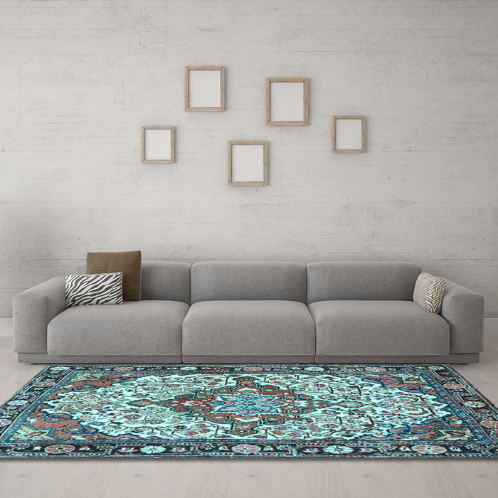 Machine Washable Medallion Light Blue Traditional Rug in a Living Room, wshtr4711lblu