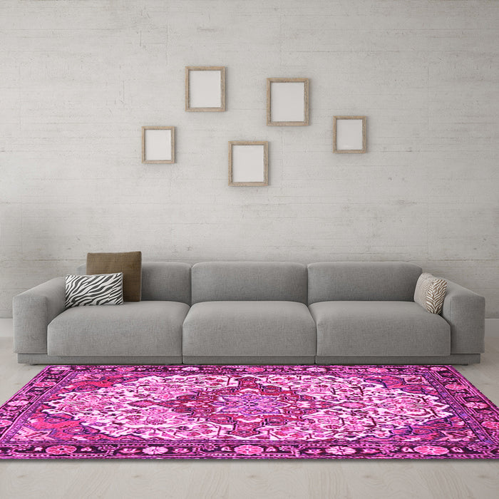 Machine Washable Medallion Pink Traditional Rug in a Living Room, wshtr4711pnk