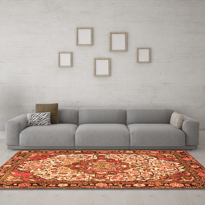 Machine Washable Medallion Orange Traditional Area Rugs in a Living Room, wshtr4711org