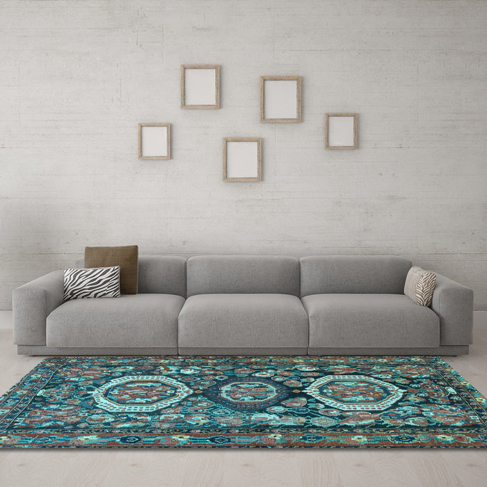 Machine Washable Medallion Light Blue Traditional Rug in a Living Room, wshtr4712lblu