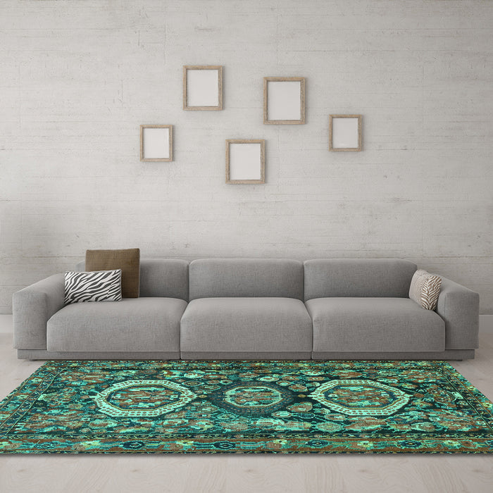 Machine Washable Medallion Turquoise Traditional Area Rugs in a Living Room,, wshtr4712turq