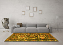 Machine Washable Medallion Yellow Traditional Rug in a Living Room, wshtr4712yw