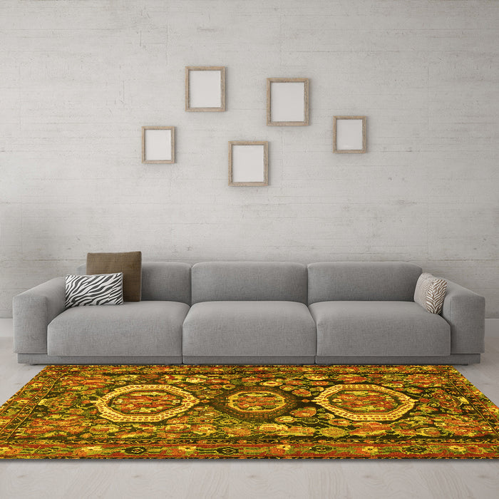 Machine Washable Medallion Yellow Traditional Rug in a Living Room, wshtr4712yw