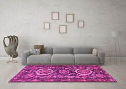 Machine Washable Medallion Pink Traditional Rug in a Living Room, wshtr4712pnk
