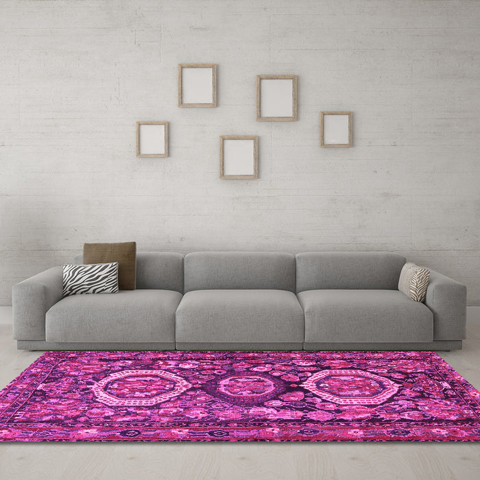 Machine Washable Medallion Pink Traditional Rug in a Living Room, wshtr4712pnk