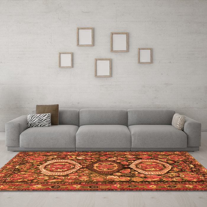 Machine Washable Medallion Orange Traditional Area Rugs in a Living Room, wshtr4712org