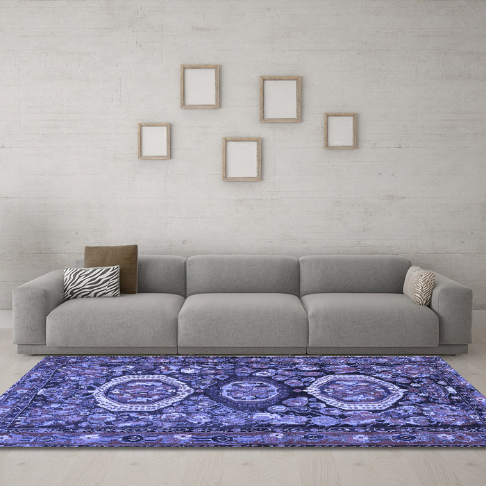Machine Washable Medallion Blue Traditional Rug in a Living Room, wshtr4712blu