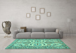 Machine Washable Persian Turquoise Traditional Area Rugs in a Living Room,, wshtr4713turq
