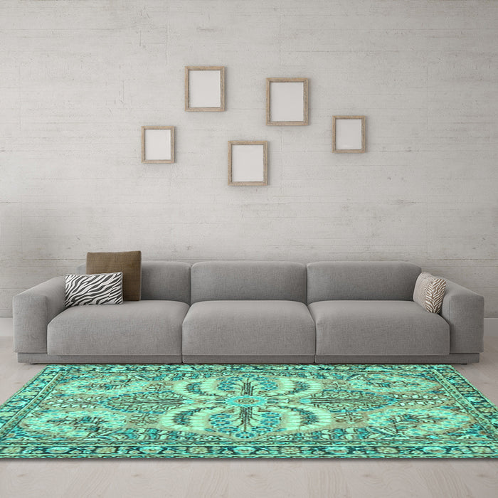 Machine Washable Persian Turquoise Traditional Area Rugs in a Living Room,, wshtr4713turq