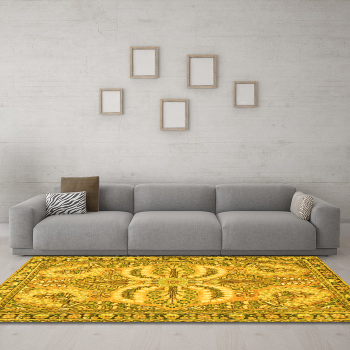Machine Washable Persian Yellow Traditional Rug in a Living Room, wshtr4713yw