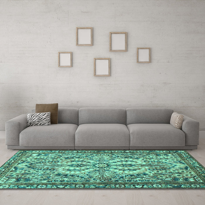 Machine Washable Persian Turquoise Traditional Area Rugs in a Living Room,, wshtr4714turq