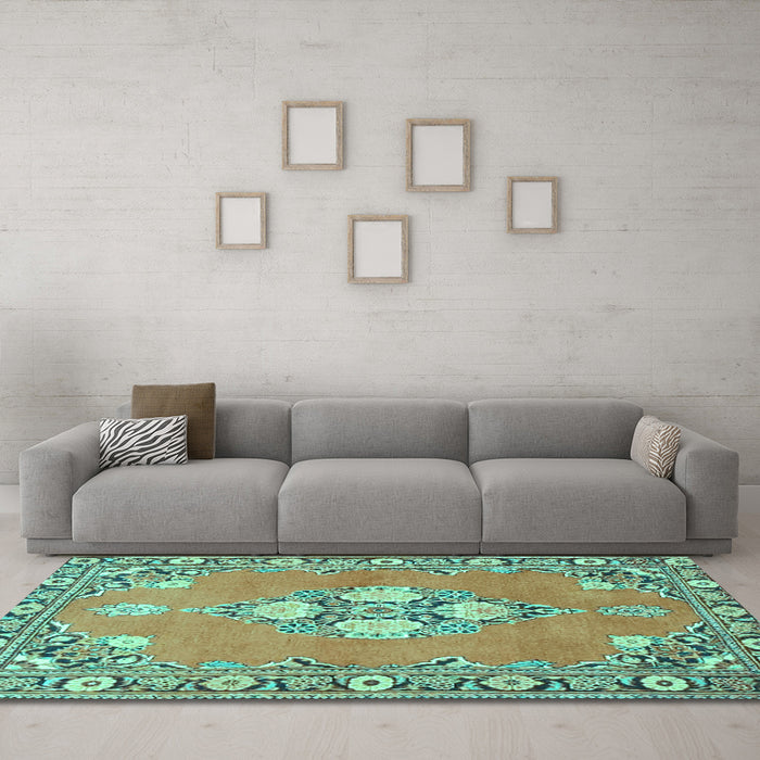 Machine Washable Persian Turquoise Traditional Area Rugs in a Living Room,, wshtr4715turq