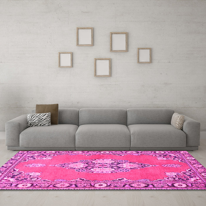 Machine Washable Persian Pink Traditional Rug in a Living Room, wshtr4715pnk