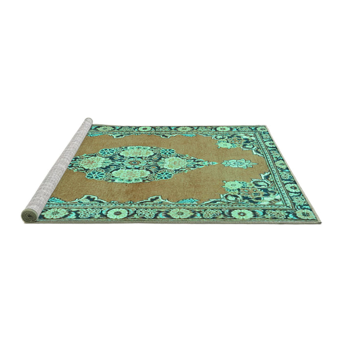 Sideview of Machine Washable Persian Turquoise Traditional Area Rugs, wshtr4715turq