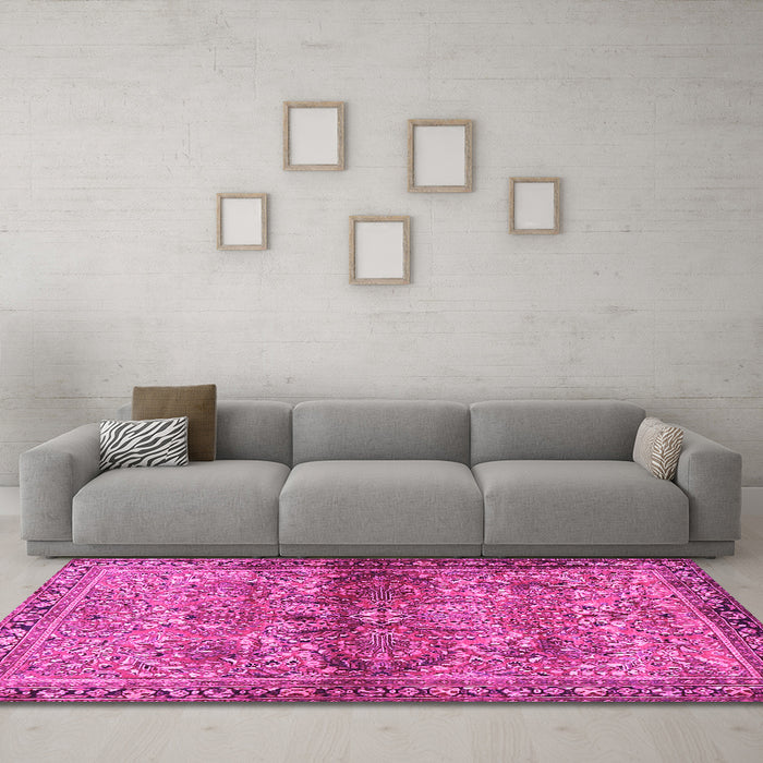 Machine Washable Persian Pink Traditional Rug in a Living Room, wshtr4716pnk