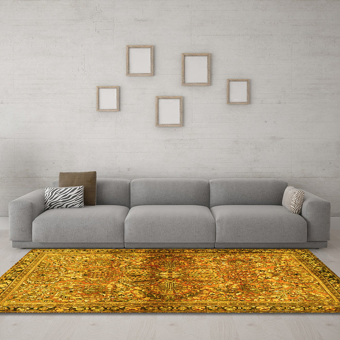 Machine Washable Persian Yellow Traditional Rug in a Living Room, wshtr4716yw