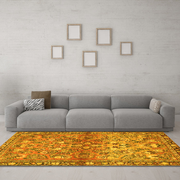Machine Washable Persian Yellow Traditional Rug in a Living Room, wshtr4717yw