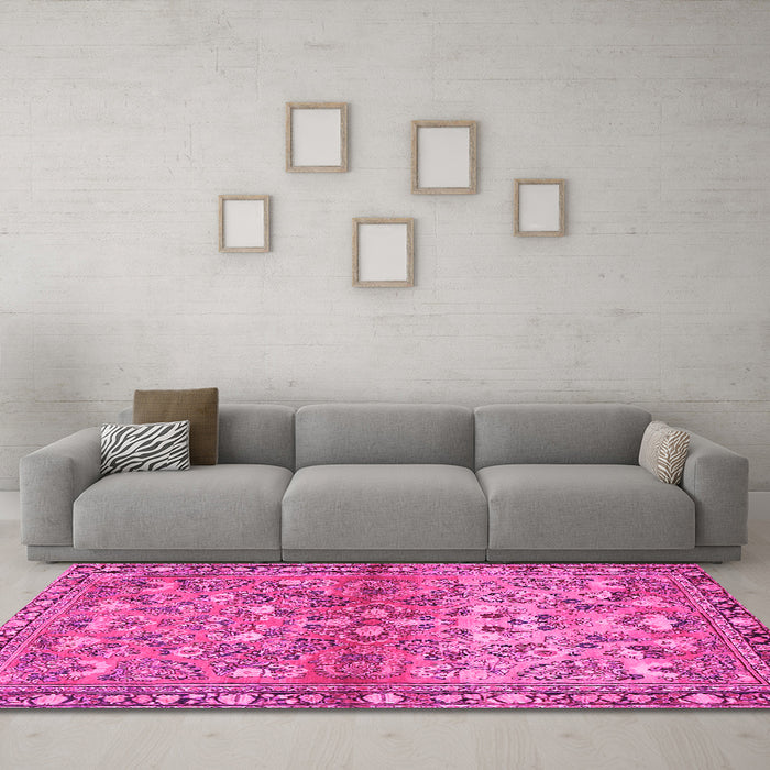 Machine Washable Persian Pink Traditional Rug in a Living Room, wshtr4717pnk