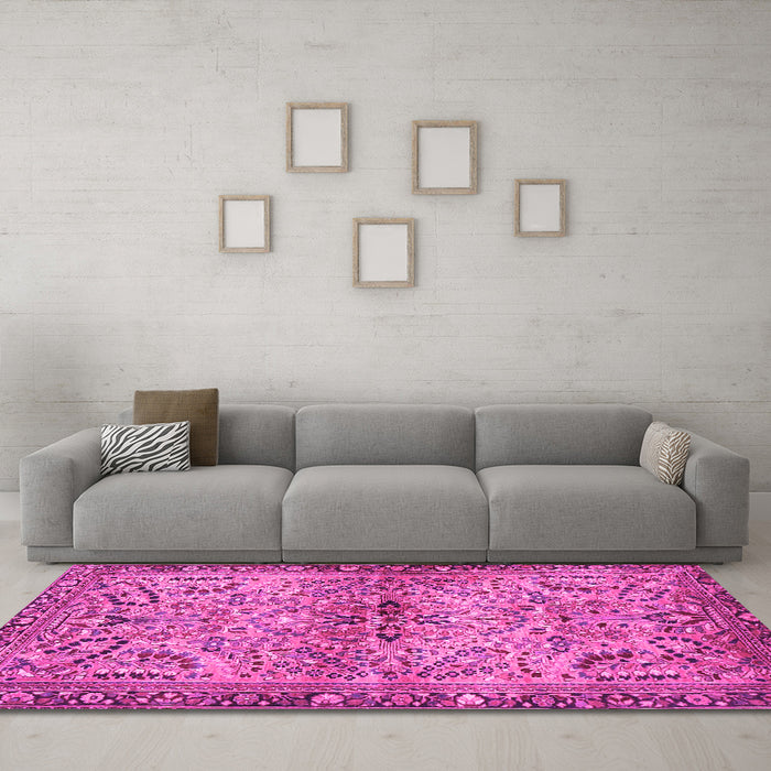 Machine Washable Persian Pink Traditional Rug in a Living Room, wshtr4718pnk