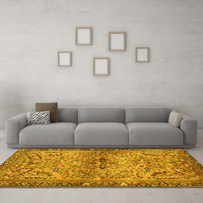 Machine Washable Persian Yellow Traditional Rug in a Living Room, wshtr4718yw