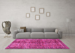 Machine Washable Oriental Pink Traditional Rug in a Living Room, wshtr4719pnk