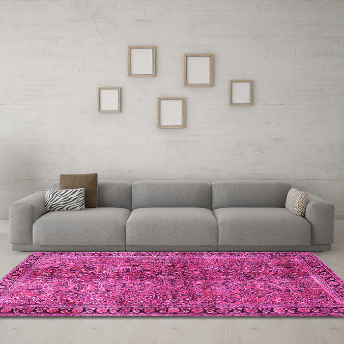 Machine Washable Oriental Pink Traditional Rug in a Living Room, wshtr4719pnk