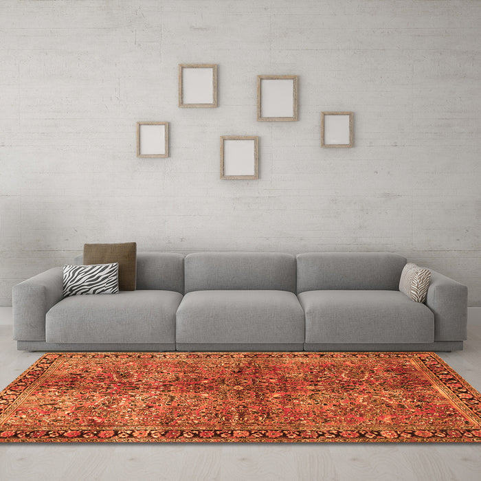 Machine Washable Oriental Orange Traditional Area Rugs in a Living Room, wshtr4719org