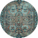 Round Machine Washable Persian Light Blue Traditional Rug, wshtr4720lblu