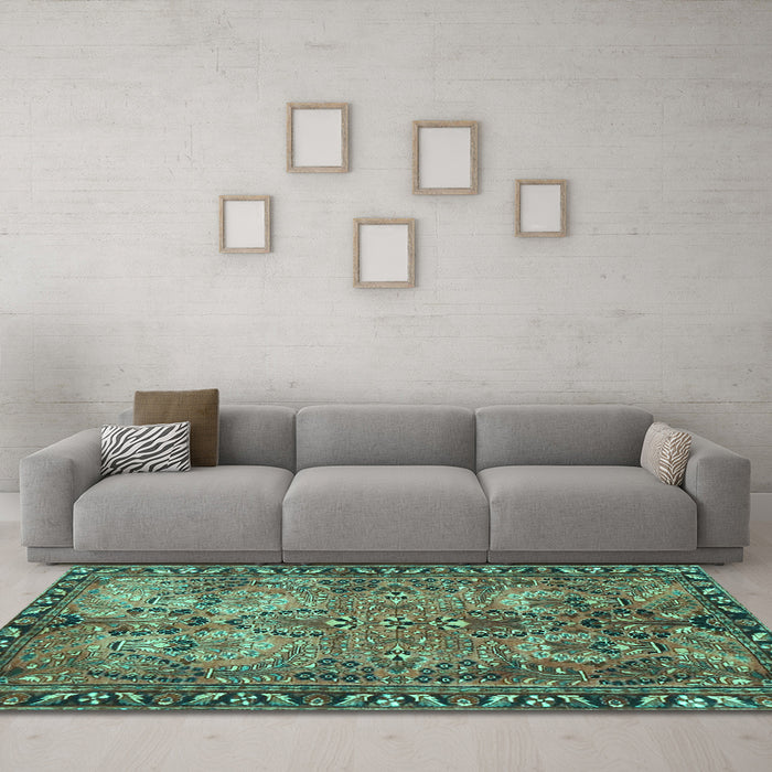 Machine Washable Persian Turquoise Traditional Area Rugs in a Living Room,, wshtr4720turq