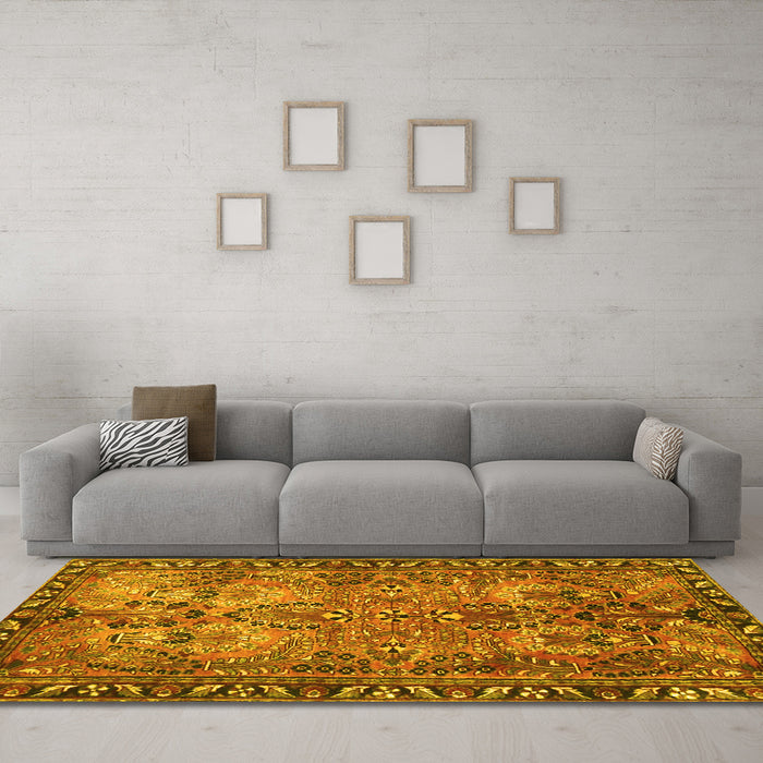 Machine Washable Persian Yellow Traditional Rug in a Living Room, wshtr4720yw