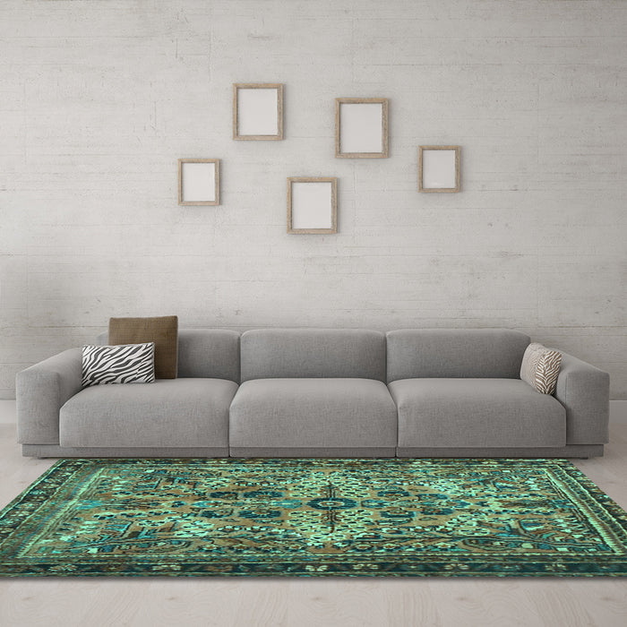 Machine Washable Persian Turquoise Traditional Area Rugs in a Living Room,, wshtr4721turq