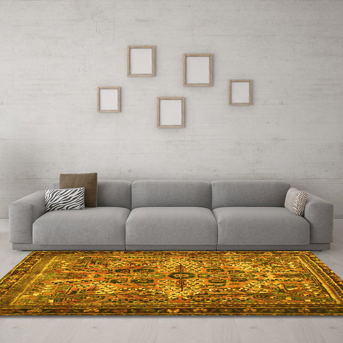 Machine Washable Persian Yellow Traditional Rug in a Living Room, wshtr4721yw